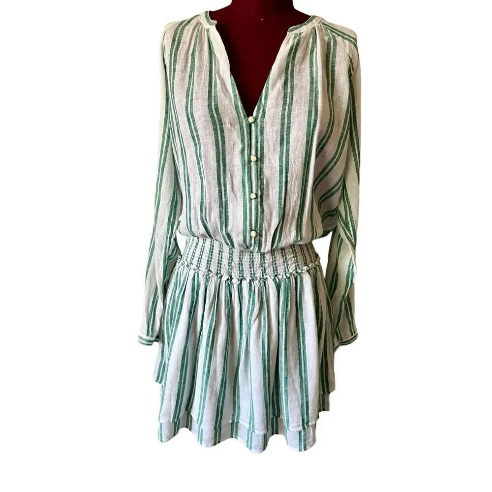 NEW RAILS Jasmine Dress Size L Green White Linen Blend Mini Long Sleeve - Picture 2 of 12